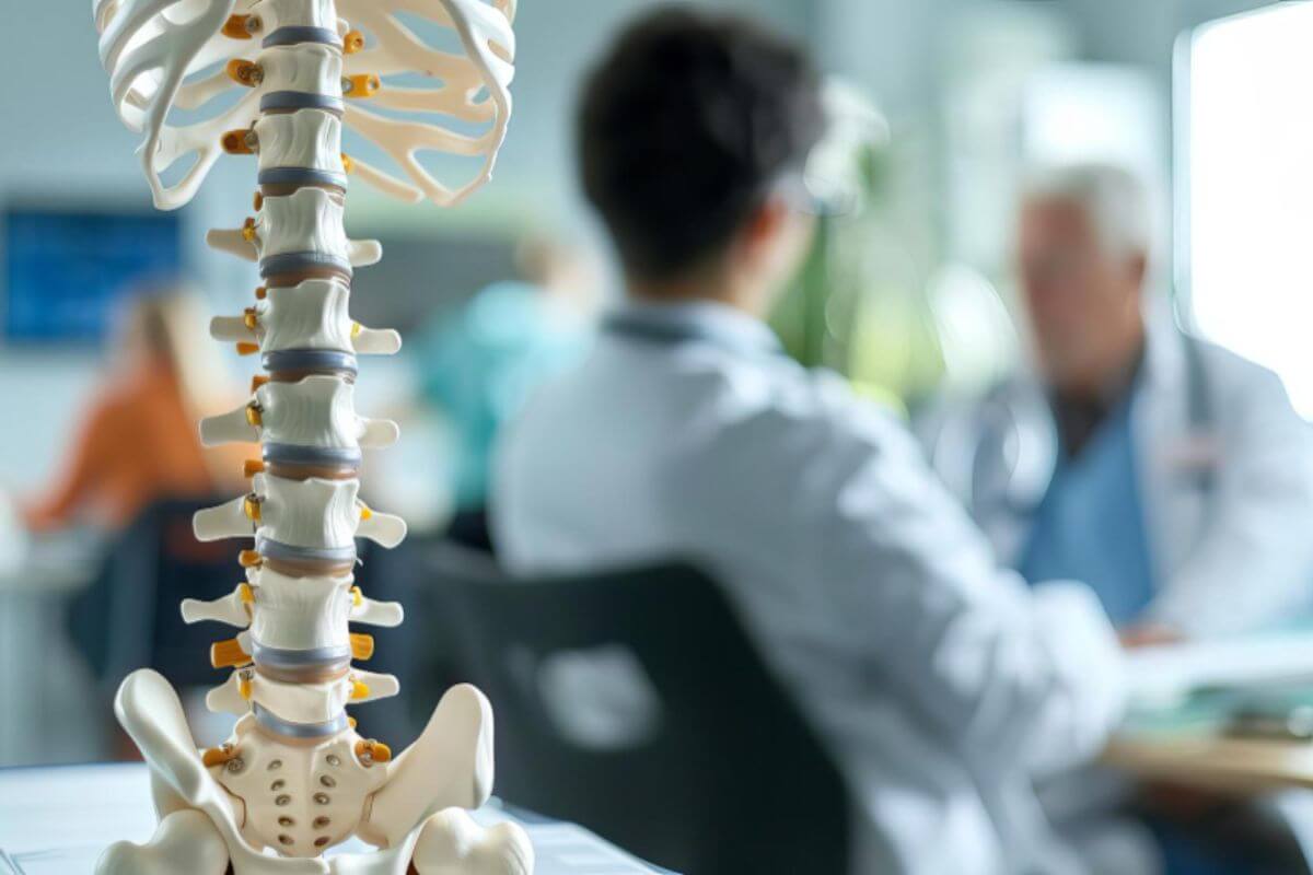 Spine model in a chiropractic clinic during a patient consultation