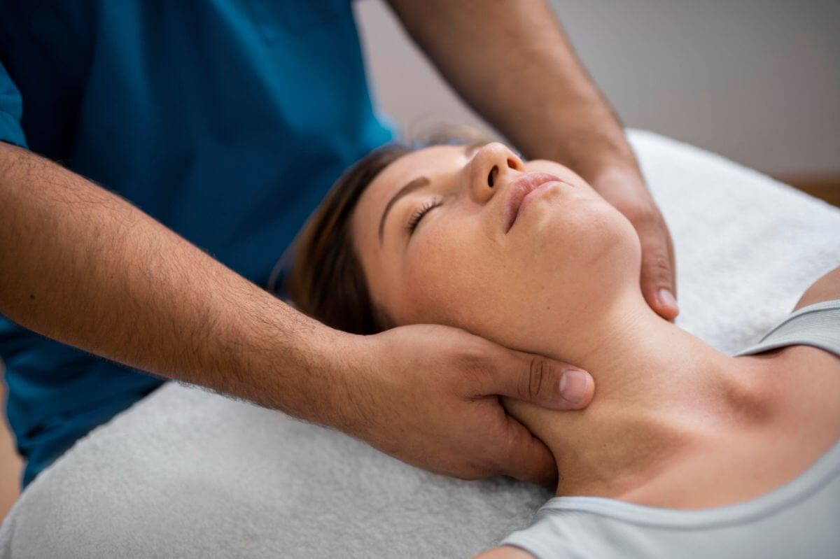 Chiropractor performing a gentle neck adjustment on a patient lying on a treatment table