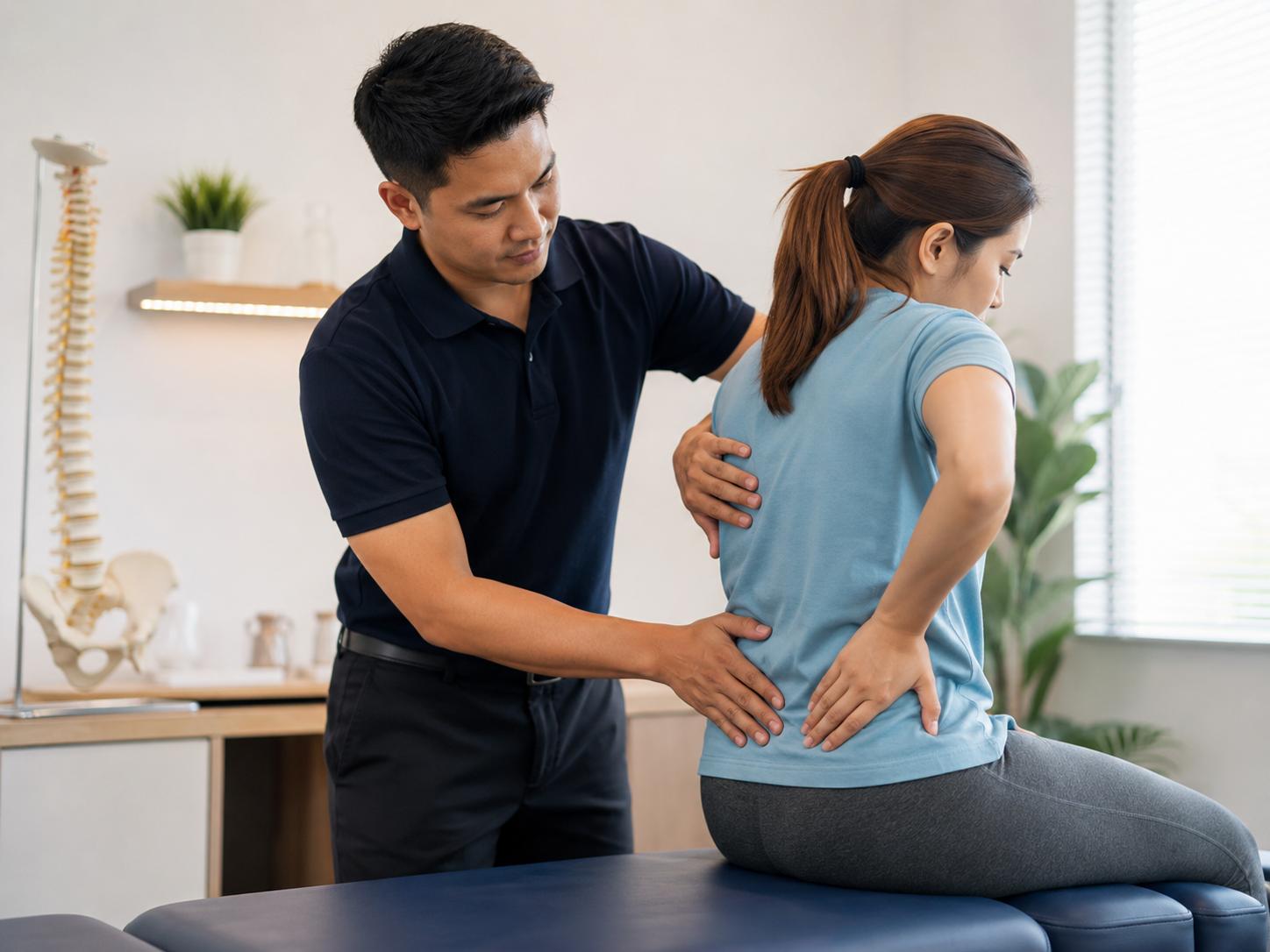 Chiropractor checking a patient’s lower back alignment during a spinal wellness assessment