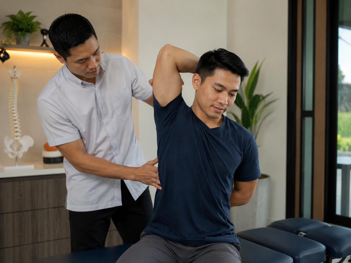 Chiropractor assessing a patient’s shoulder and upper back mobility during a treatment session