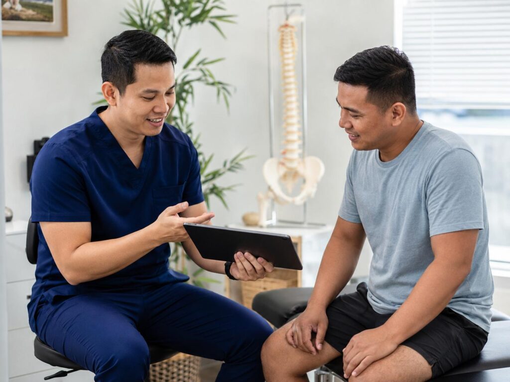 Chiropractor reviewing a personalized care plan with a patient during a consultation in a clinic
