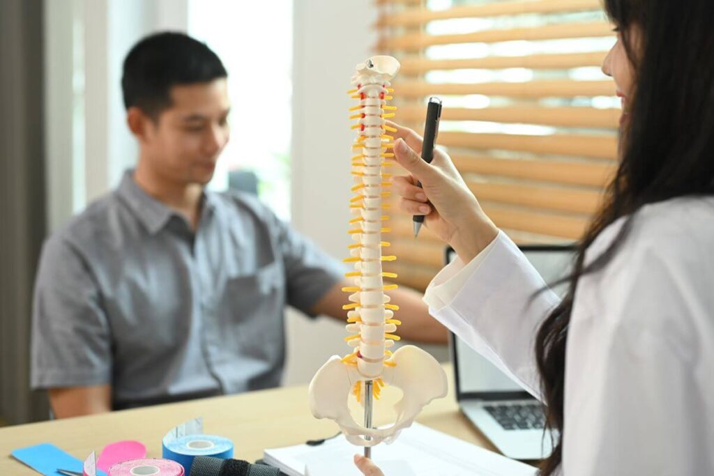 Chiropractor using a spine model to explain spinal anatomy to a seated patient during a consultation